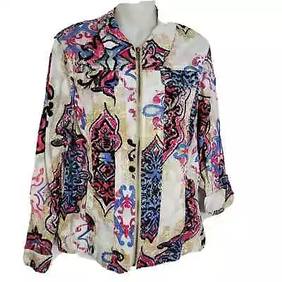 Multiples Womens Jacket Large Full Zip Cotton Multi Color Pockets Tab Sleeves • £16.44