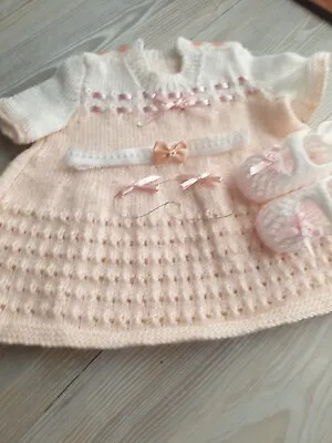 Hand Knitted Baby Dress Set Free Headband X2! • £19.99