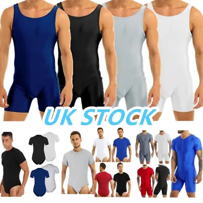 UK Mens Stretch Short Sleeve Bodysuit Workout Jumpsuit Unitard Wrestling Singlet • £15.69