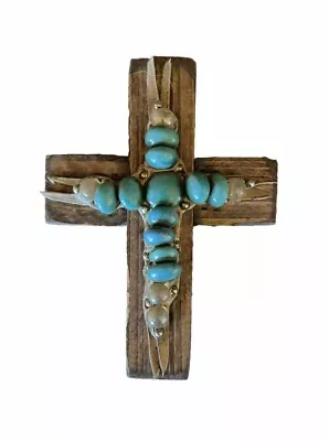 Hand Made Wooden Wall Cross Turquoise Art Decor Cross Collection 6x4.5 In • $14.99