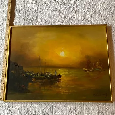 Vintage SEASCAPE Ocean Oil Painting Original Hand Painted By Lemog Golden Sunset • $189.60