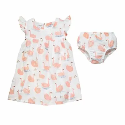  Mud Pie Baby Girl Pink Swan Muslin Flutter Sleeve Dress Size 6-9 Months NEW • $17.95