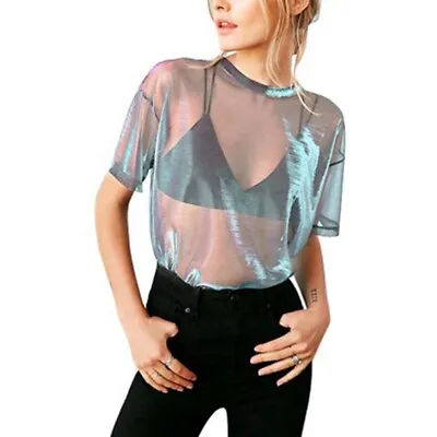 £9.07 • Buy Alluring Women's See Through Shiny Sheer Mesh Top Blouse Tee Sexy Clubwear
