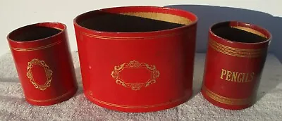 Vintage Faux Red Leather Desk Caddy Pencil Cup Set With Extra Pencil Cup • $17.99