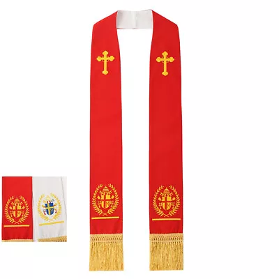 Clergy Red/White Reversible Stole Priest Mass  Stole Cross Badge Embroidery • $26.99