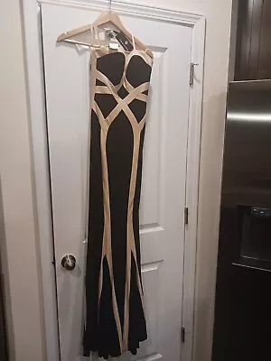 Faviana Black And Tan Long Stretchy Mermaid Sleeveless Gown Small 0 • $84.50