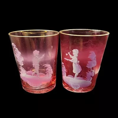 Lg Pair Victorian Mary Gregory Cranberry Glasses Vases Planters Gold Rim 5.25  • $34