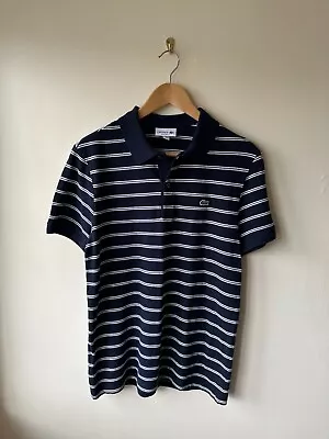 Lacoste Polo Navy Stripey Shirt Size FR 4 / US M  | Regular Fit S/S Striped Vtg • £18