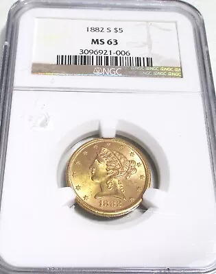 1882-s $5 Gold Five Dollar Half Eagle Ngc Ms63 Rare Us Gold Coin. • $999