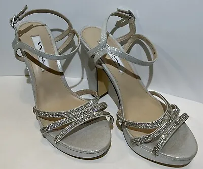 Nina New York - Size 9M - Silver Rhinestone Strappy High Heels - 5in Heel - NWOB • $34.99