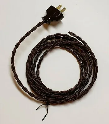 8' Brown Twisted Cloth Covered Wire & Plug Vintage Style Lamp Cord Rayon 402J • $23.89