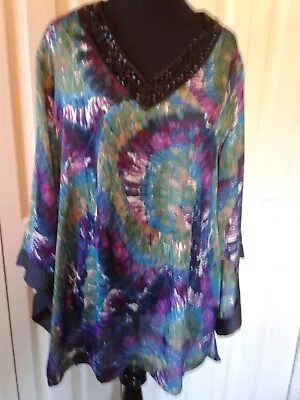 Dana Buchman Eclectic Mix Lyons Blue. Size M Beaded V Neck Pullover Tunic Top • $20