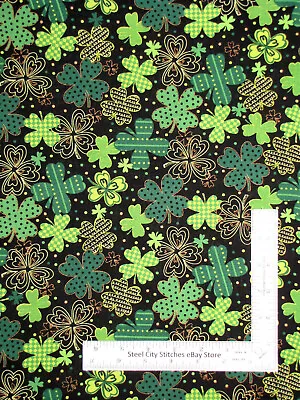 St Patricks Day Fabric Shamrock Clover Gold Accent Black Cotton RKD#74251  Yard • $10.98