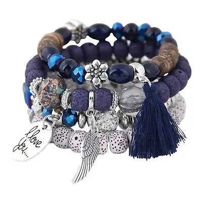 Blue Beaded Layered Bracelet I Love You Boho Feather Silver Tone Charm Stretch  • $9.46