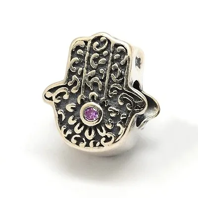 HAMSA-Fatima Hand-Flower-Palm- Solid 925 Sterling Silver European Charm Bead- CZ • £9.99