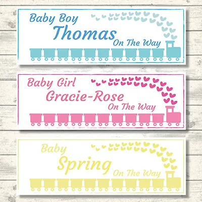 2 Personalised Baby Shower - Any Name- Any Message - On The Way Train Banner • £3.19