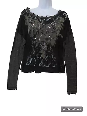 Sz S MISS ME Top Boho Goth LACE RHINESTONE Sequin Blouse Black Knit EXCELLENT • $24.85