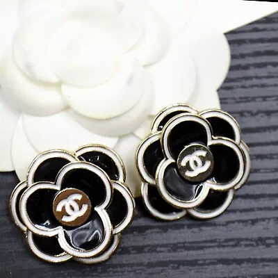 CHANEL Vintage Buttons Set Of 2  CC Camelia  30 Mm W/ Engraving. Black &White • £37.22