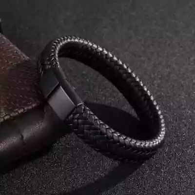 Mens Black Leather Bracelet Braided Wristband Clasp UK • £4.99
