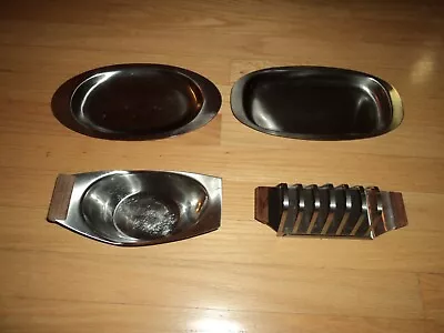 Toast Holder  & Bowl Teak & Stainless Steel & SS Platters MCM • $28