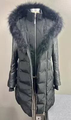 Black MACKAGE Down Hood Coat Fur Collar Soft Leather Sleeves Size Large • $374.99