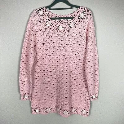 Vintage Shenanigans Pink Rosette Crochet Knit Tunic Sweater Open Weave Sz M • $36