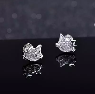 $8.99 • Buy Adorable Silver SP Pave CZ Cat Kitten Hello Kitty Earring Stud