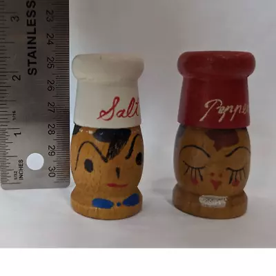 Salt And Pepper Shakers Vintage Wooden Mini 2.5” Inch Chef Hand Painted • $12