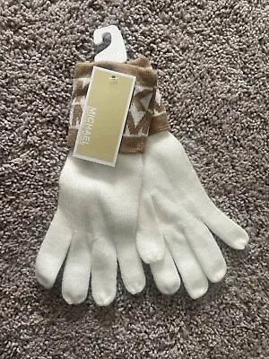 Michael Kors Acrylic Gloves White W/Tan & White Fold-over Logo Cuffs One Size • $24.99