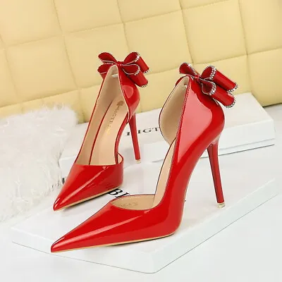 Womens Pumps Sexy Pointy Toe Diamante Bowknot Patent Leather Shoes High Heels • $45.93