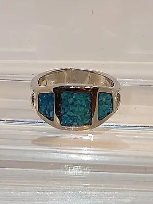 Vintage~TURQUOISE MOSAIC INLAY RING~Band~SIZE 7~SILVER TONE • $11.99