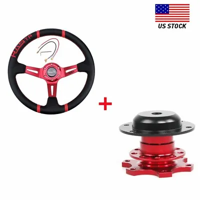 Red 14  Deep Dish Drifting Steering Wheel & Quick Release Adapter Racing Car • $49.39