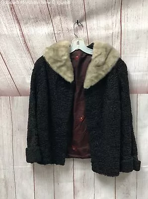 Vintage Womens Black Gray Mink Fur Collared Long Sleeve Persian Lamb Fur Coat • $14.99
