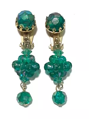 Vintage Green Beaded Dangling Clip On Jewelry Earrings Marked Hong Kong • $5