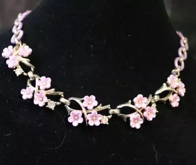 Vintage Costume Necklace Pink Flowers Rhinestone Accents Lavender Links • $17