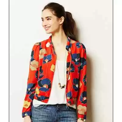 Anthropologie HARLYN Bomber Jacket Large Poppy Floral Print Retro MCM 70s Red • $39.95