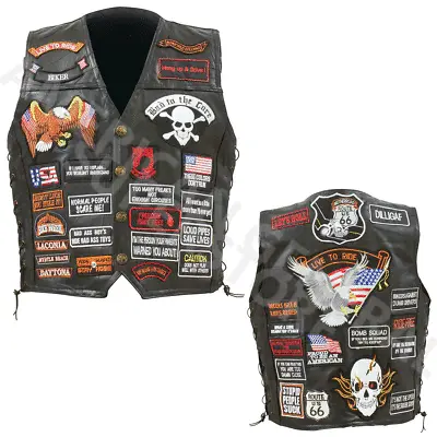 VEST LEATHER Biker Black Buffalo Motorcycle W/ 42 Patches US Flag Eagle Mens MC • $45.99