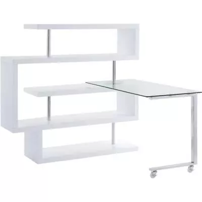 ACME Buck II Glass Top Writing Desk In Chrome And White High Gloss • $744.83