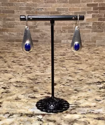 Sterling & Blue Lapis Lazuli Cabochon Teardrop Earrings Signed T.R. Kemerly 1.5” • $28