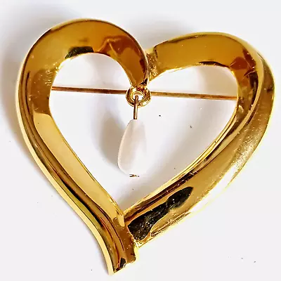 Heart Shaped Brooch Lapel Pin Ribbon Teardrop Faux Pearl Signed Gold Plated 2  • $15