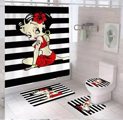 $59.95 • Buy 4pc Betty Boop Stripped Bathroom Shower Curtain Toilet Seat Cover & Rugs Set