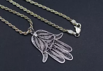 .925 STERLING SILVER Filigree Hamsa Hand Pendant Rope Chain Necklace 10.34g -S47 • £12.99