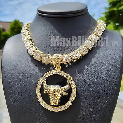 Hip Hop Gold PT Bull Pendant & 16  18  20  Iced Baguette Stone Chain Necklace • $15.99