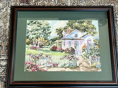 Vintage Complete Framed Cottage Floral Needlepoint Embroidery • $24.99