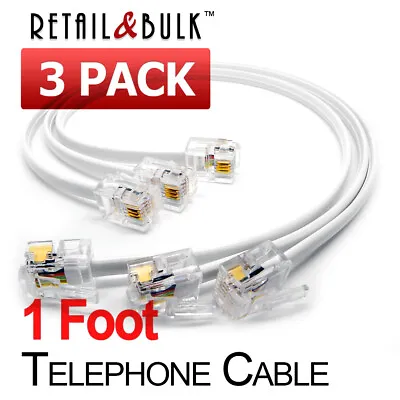 $9.99 • Buy ( 3 Pack ) 1 Foot Short Telephone Cable RJ11 (6P4C) 12in Phone Line Cord, White