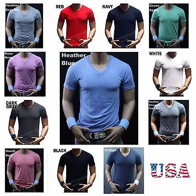 Men Slim T-Shirt V-Neck Fashion Muscle Plain Solid Casual Active Gym Tee S-2X • $12.99