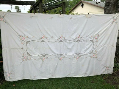 $50 • Buy Vintage Handmade 115  Tablecloth Crochet, Applique, Embroidery 10 Napkins Cream