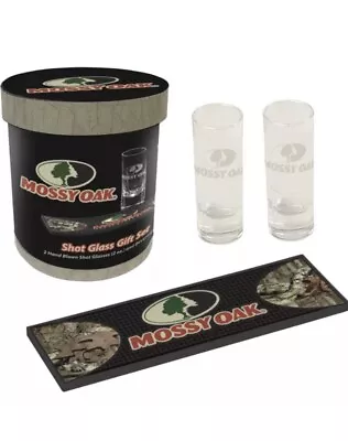 Mossy Oak Logo 2 Shot Beverage Glasses & Mini Bar Mat Gift Set W/ Box Container • $17