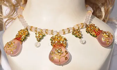 Extraordinary 23kt Gold 9 Ct Diamond 350 Ct Rose Quartz Mughal Necklace Earrings • $25000
