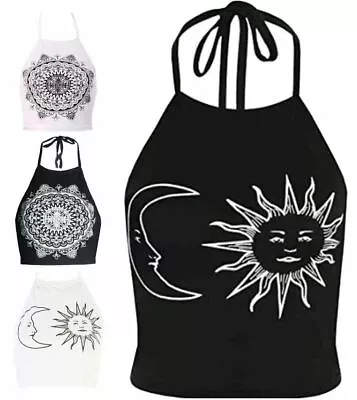 Womens Sun & Moon And Print Top Ladies Sleeveless Halter Neck Tie Up Vest Top UK • £5.99